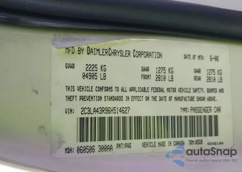 2006 Chrysler 300 z USA, uszkodzony, nr VIN 2C3LA43R96H514627